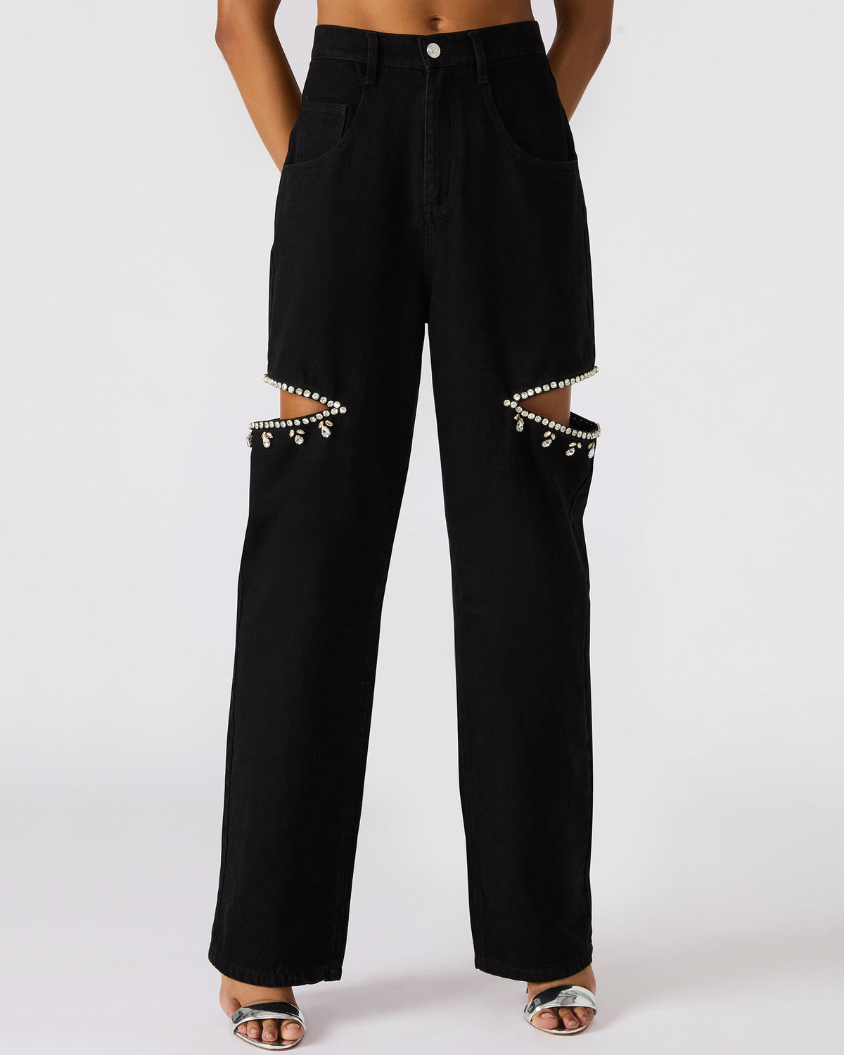 AYLA Black Straight-Leg Rhinestone Embellished Slit Women's Jean Steve Madden BLACK