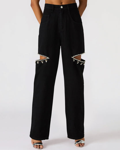 AYLA Black Straight-Leg Rhinestone Embellished Slit Women's Jean Steve Madden BLACK