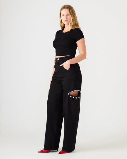 AYLA Black Straight-Leg Rhinestone Embellished Slit Women's Jean Steve Madden BLACK