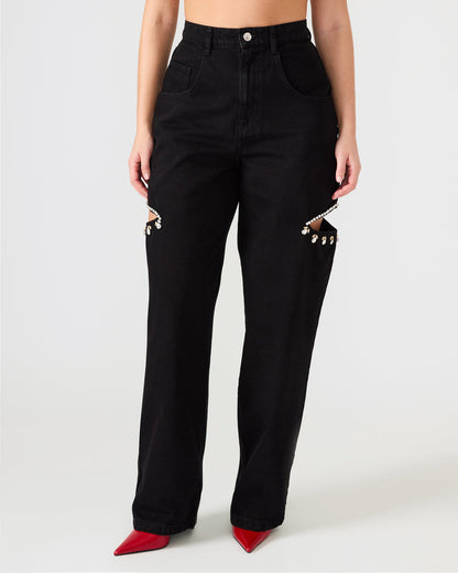 AYLA Black Straight-Leg Rhinestone Embellished Slit Women's Jean Steve Madden BLACK