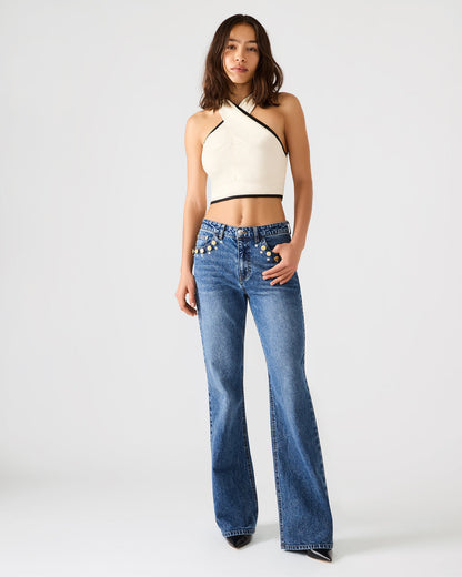 IRYS Dark Navy High-Rise Flare Gold Detail Buttons Women's Jean Steve Madden DARK NAVY