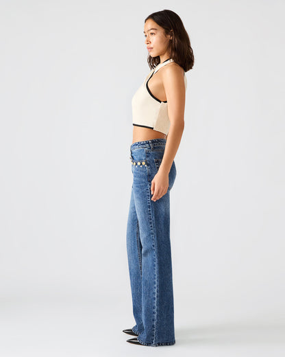IRYS Dark Navy High-Rise Flare Gold Detail Buttons Women's Jean Steve Madden DARK NAVY