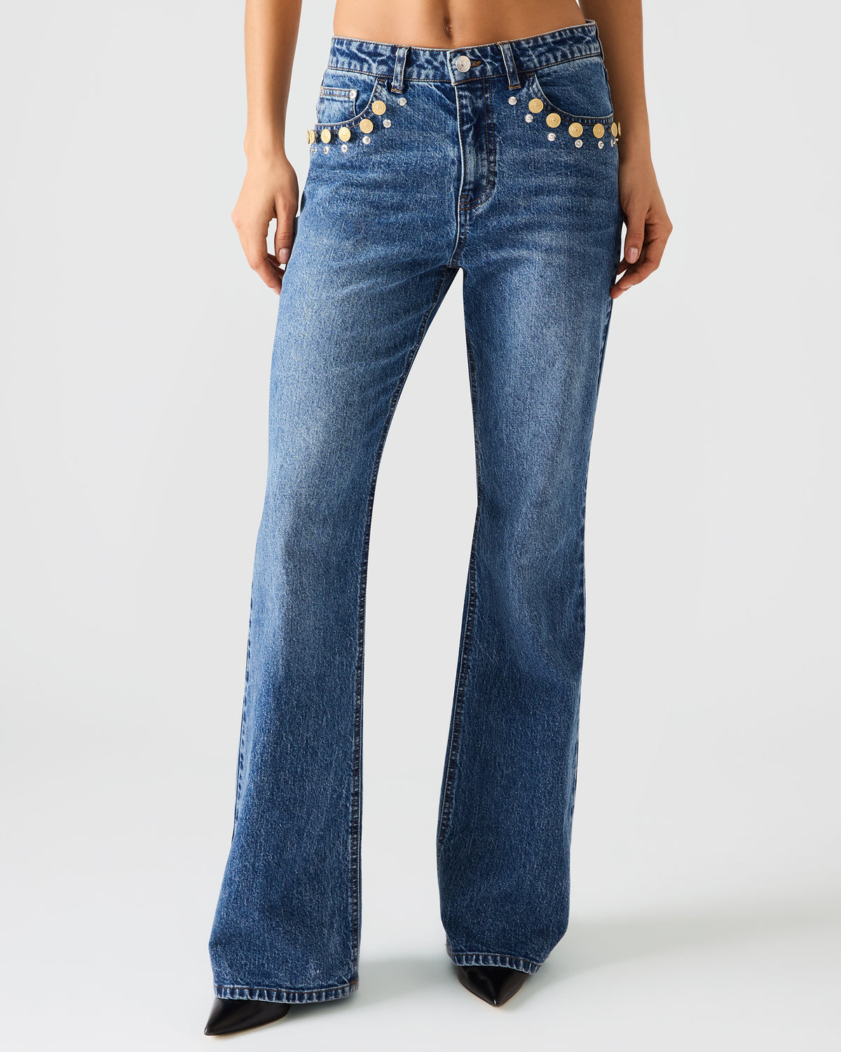 IRYS Dark Navy High-Rise Flare Gold Detail Buttons Women's Jean Steve Madden DARK NAVY