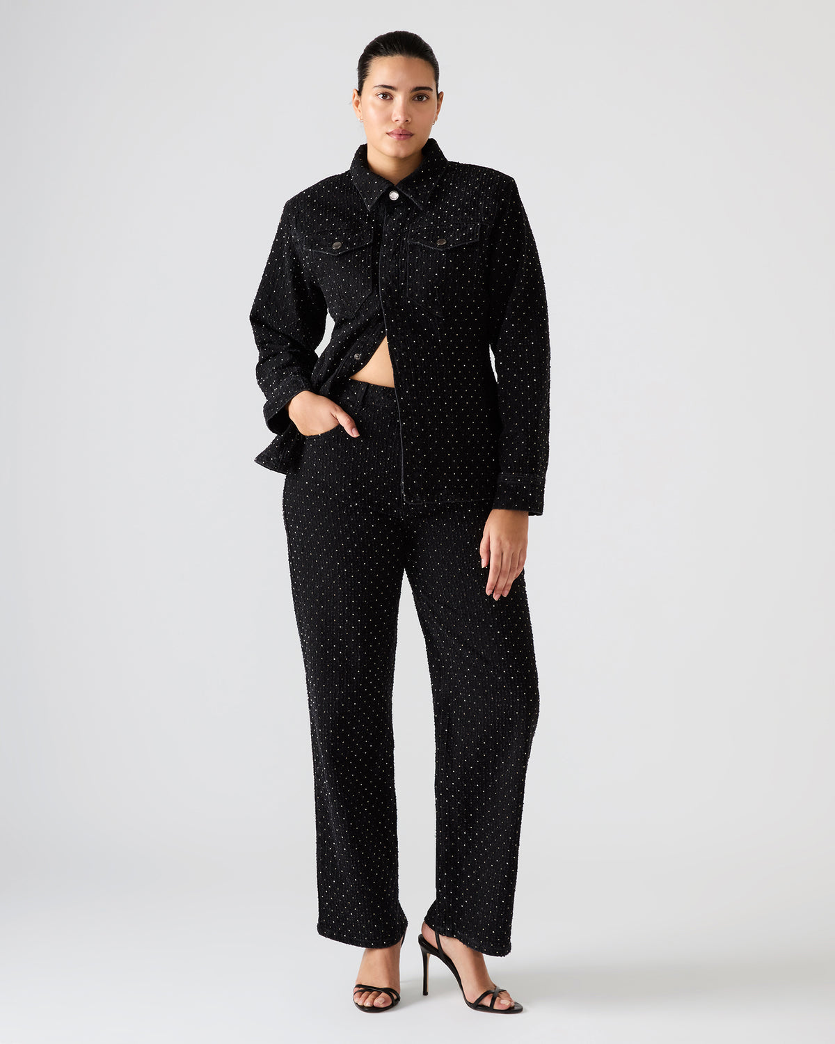 AVALINE Crystal Black Straight-Leg Rhinestone Embellished Denim Women's Jeans Steve Madden BLACK