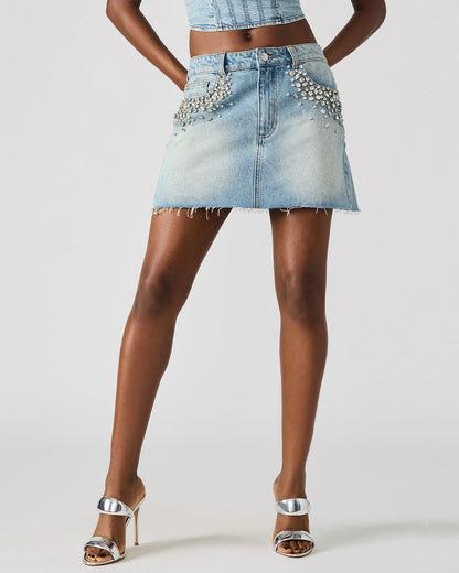 ERAS Denim Rhinestone Embellished Matching Set Mini Women's Skirt Steve Madden DENIM FABRIC