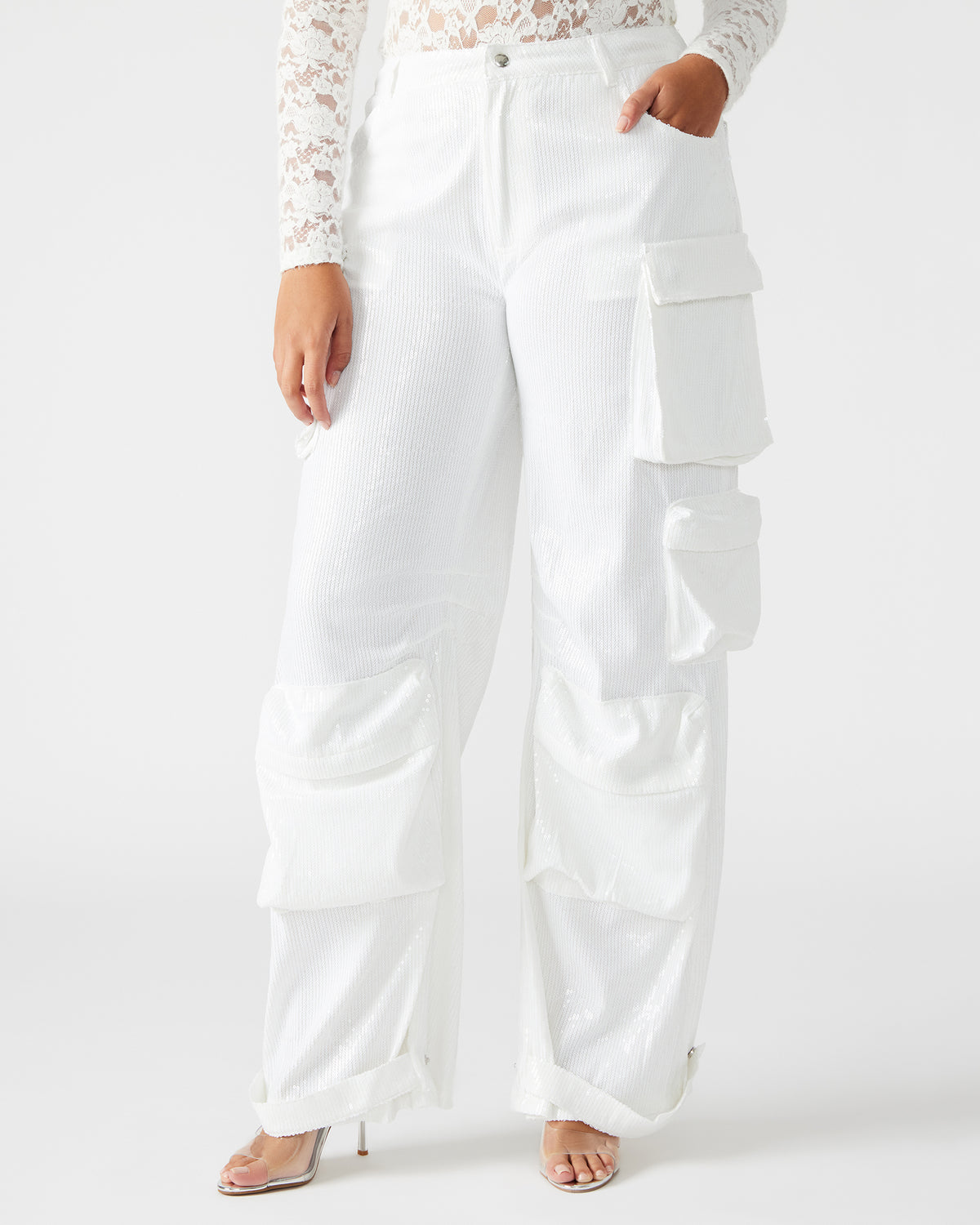 DUO White Sequin Women's Utility Cargo Pants Steve Madden WHITE