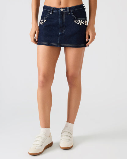 BRIELLIA Bijou Blue Denim Rhinestone Embellished Mini Women's Skirt Steve Madden BIJOU BLUE