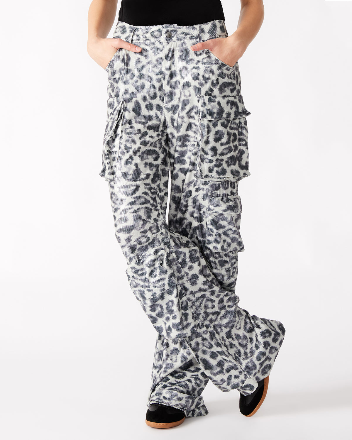 DUO Leopard Sequin Women's Utility Cargo Pants Steve Madden BLACK MULTI