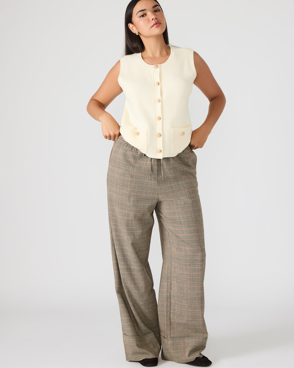 IDRA Brown Pull-On Tie-Front Cuffed Plaid Women's Pants Steve Madden BROWN