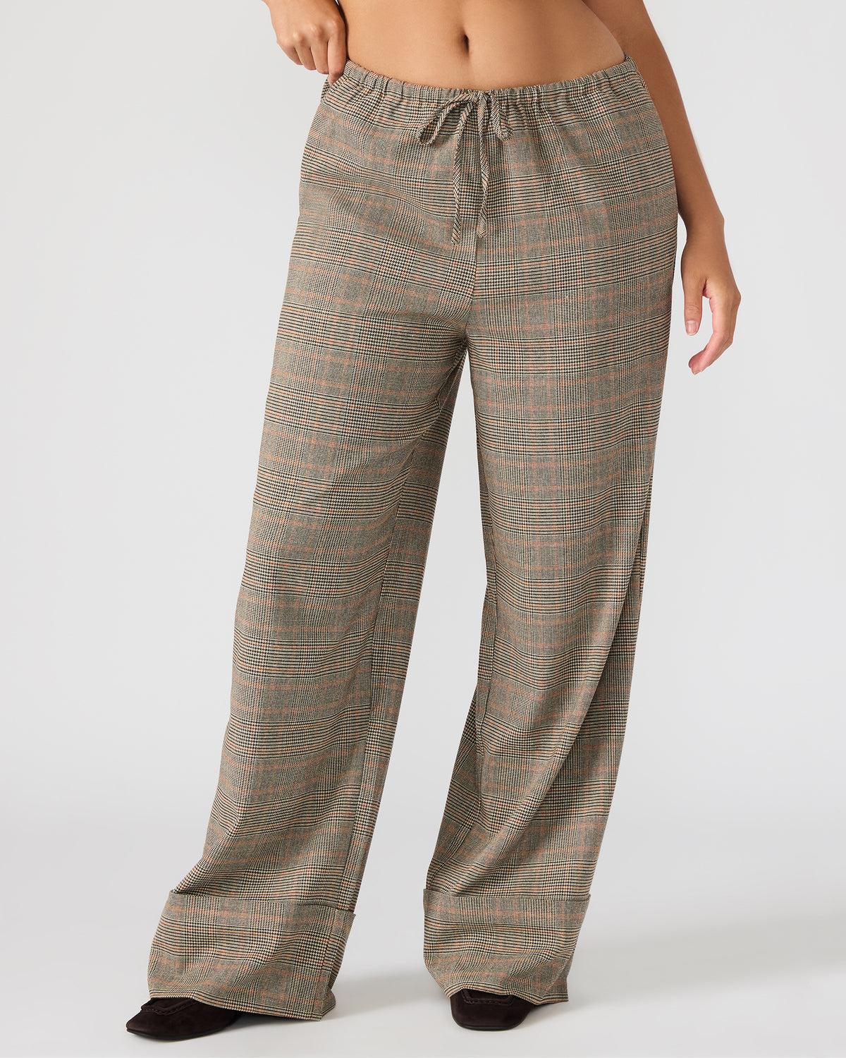 IDRA Brown Pull-On Tie-Front Cuffed Plaid Women's Pants Steve Madden BROWN