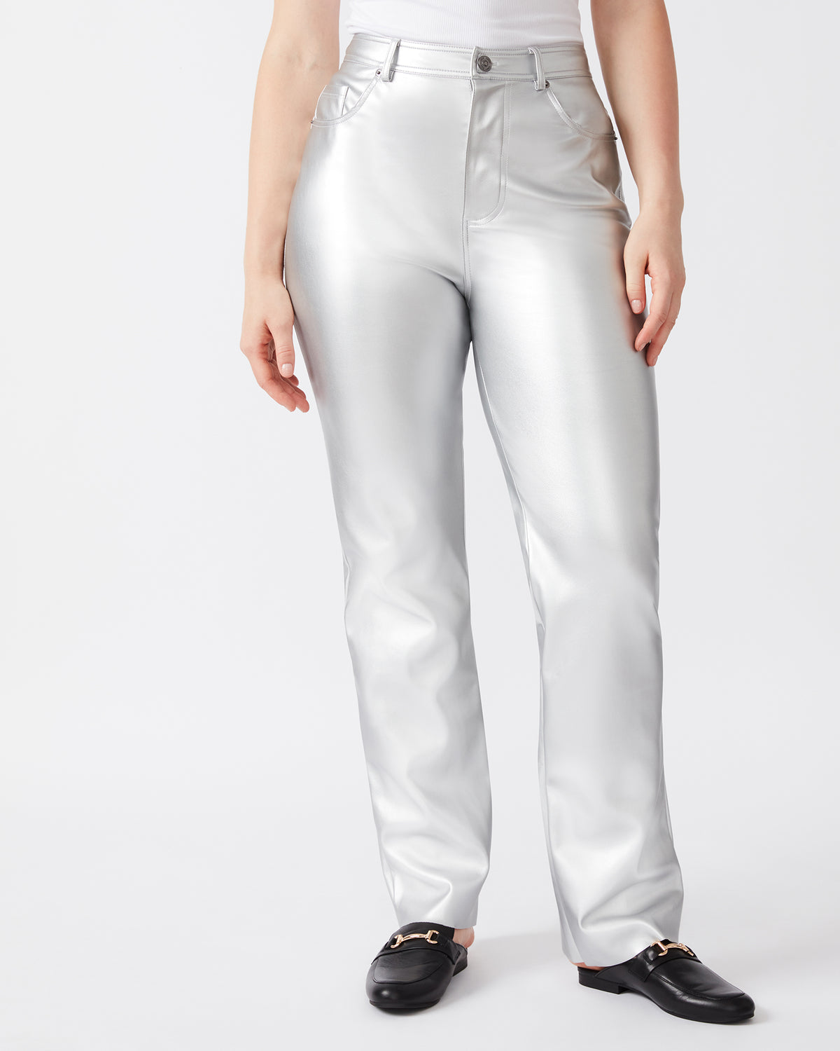 LOREN Pant Silver | Women's Faux Leather Straight Leg Pant Steve Madden SILVER