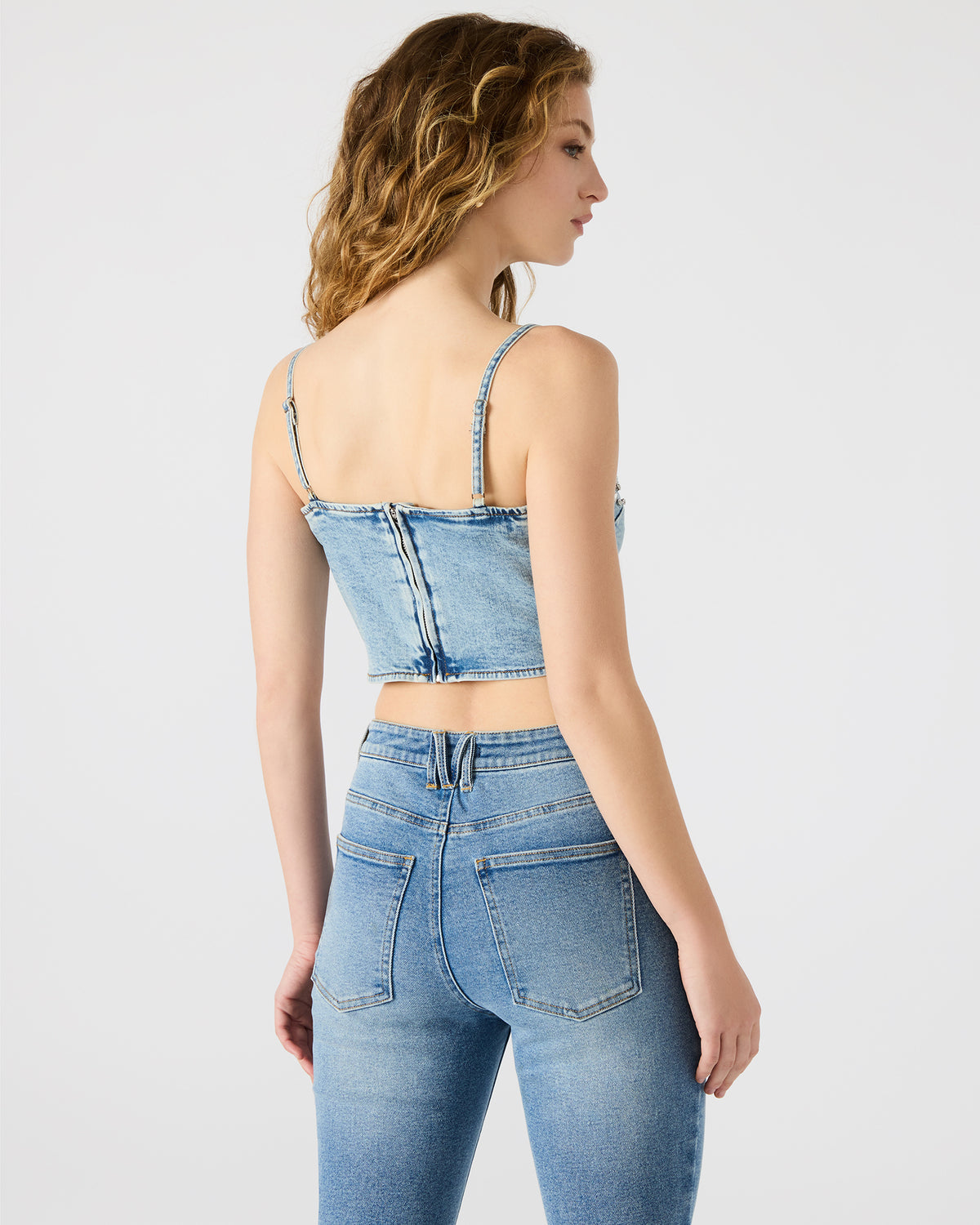 ERAS Denim Rhinestone Embellished Corset Cropped Matching Set Women's Top Steve Madden DENIM FABRIC