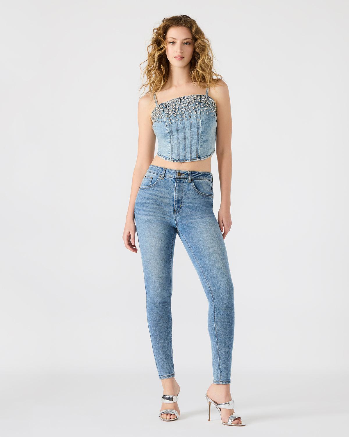 ERAS Denim Rhinestone Embellished Corset Cropped Matching Set Women's Top Steve Madden DENIM FABRIC