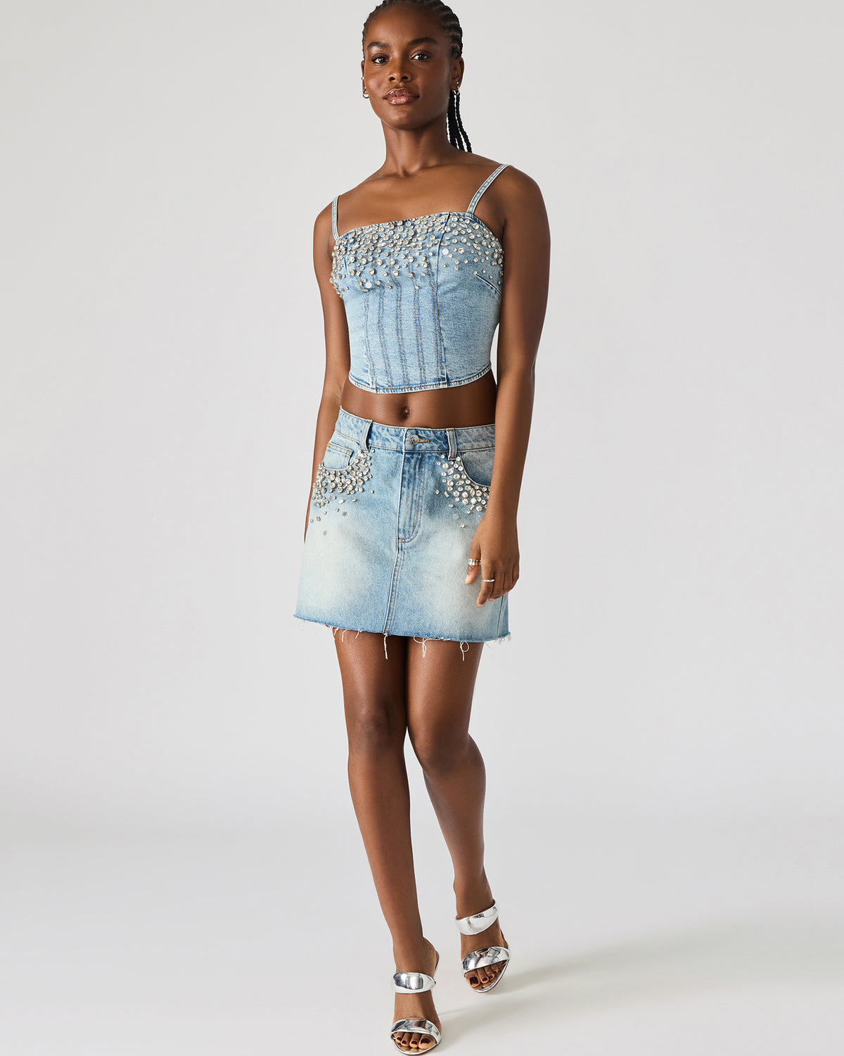 ERAS Denim Rhinestone Embellished Corset Cropped Matching Set Women's Top Steve Madden DENIM FABRIC