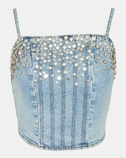 ERAS Denim Rhinestone Embellished Corset Cropped Matching Set Women's Top Steve Madden DENIM FABRIC