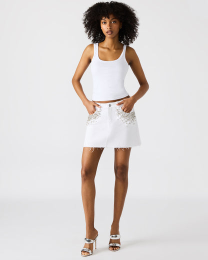 ERAS Denim White Rhinestone Embellished Mini Women's Skirt Steve Madden WHITE