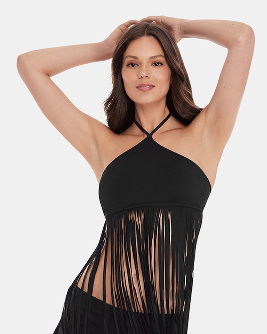 WHAT A STUD BIKINI TOP Black Halter Neckline Fringe Women's Bikini Top Steve Madden BLACK